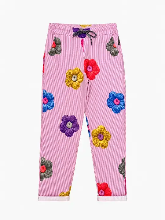 Pantaloni casual rosa a righe e fiori