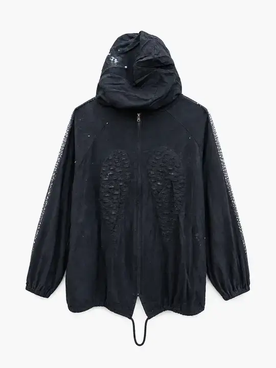 Felpa nera con cappuccio e zip effetto strappato